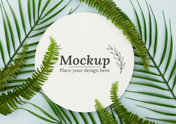 Flat Lay Green Leaves Composition With Mock-Up Psd - Mockup Hunt