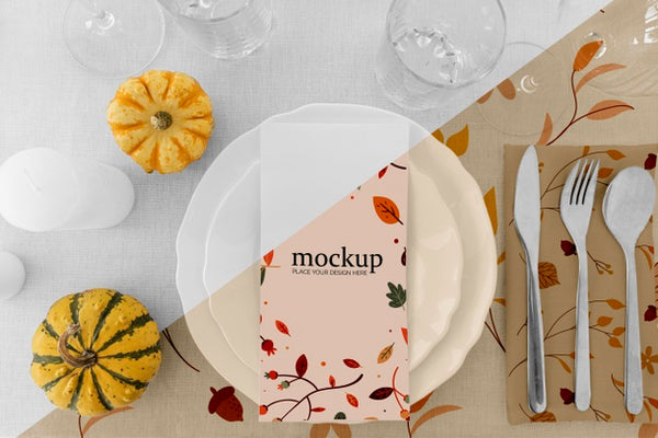 Thanksgiving Dinner Table Arrangement With Plates And Pumpkins Psd ...