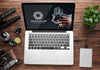 Top View Of Photographer Wooden Workspace With Laptop Psd