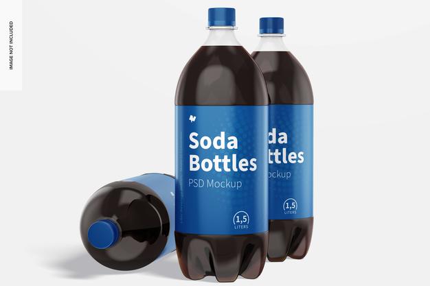 1.5L Soda Bottles Mockup, Standing And Dropped Psd