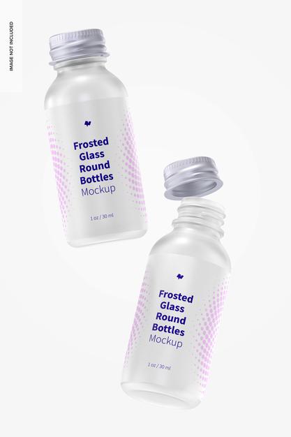 1 Oz Frosted Glass Round Bottles Mockup, Falling Psd