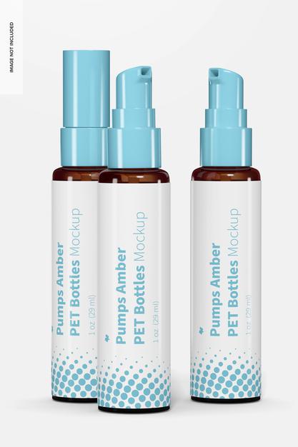 1 Oz Pumps Amber Pet Bottles Mockup, Front View Psd