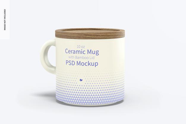 10 Oz Ceramic Mug With Bamboo Lid Mockup Psd