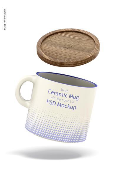 10 Oz Ceramic Mug With Bamboo Lid Mockup Psd