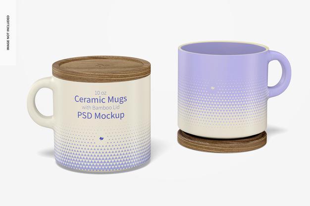 10 Oz Ceramic Mugs With Bamboo Lid Mockup Psd