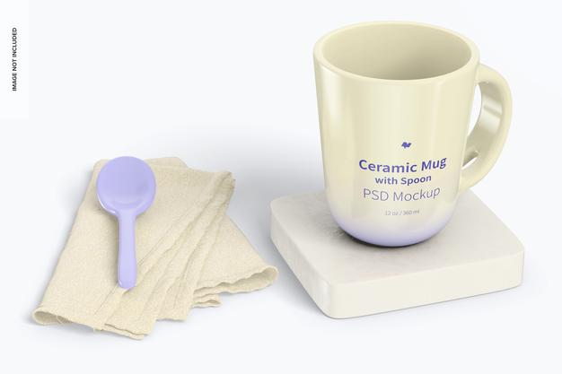 12 Oz Ceramic Mug With Spoon Mockup Psd