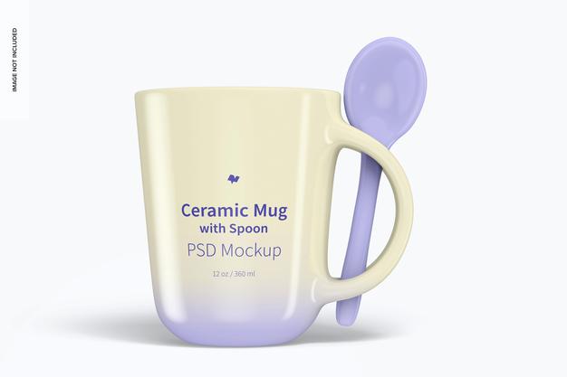 12 Oz Ceramic Mug With Spoon Mockup Psd