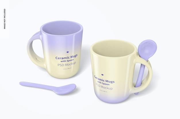12 Oz Ceramic Mugs With Spoon Mockup Psd