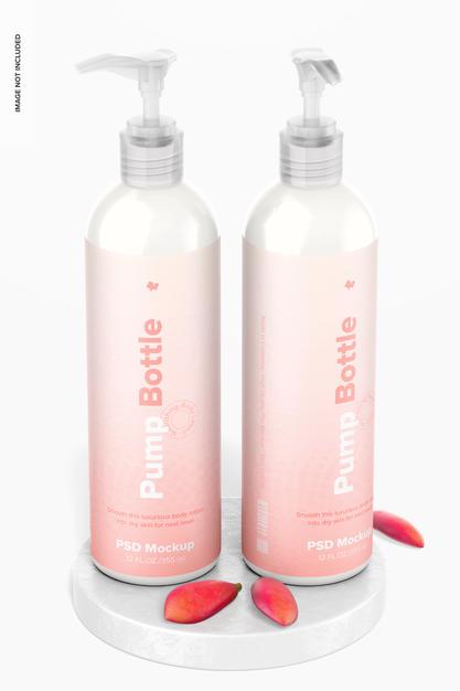 12 Oz Pump Rounded Bottles Mockup Psd