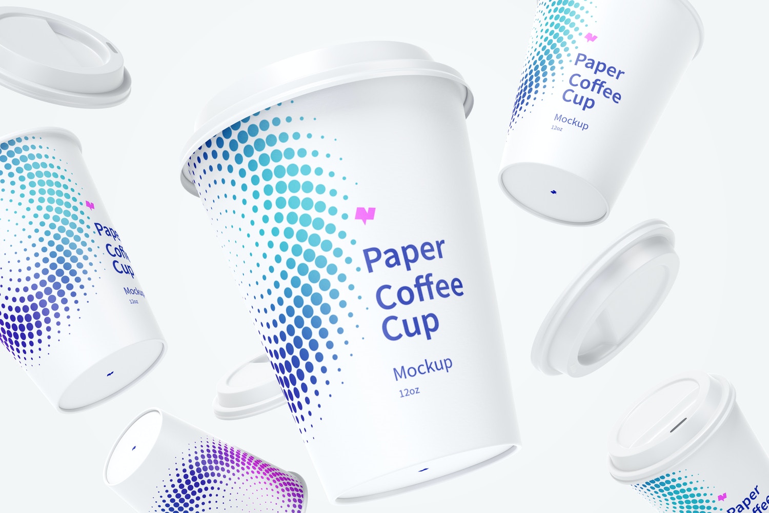 12Oz Paper Coffee Cups With Caps Mockup, Falling