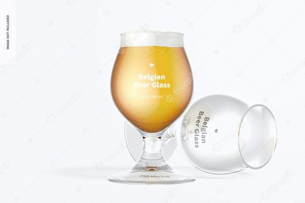 13 Oz Belgian Beer Glass Mockup, Standing And Dropped Psd