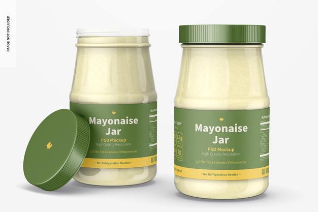 14 Oz Mayonnaise Jars Mockup, Opened And Closed Psd