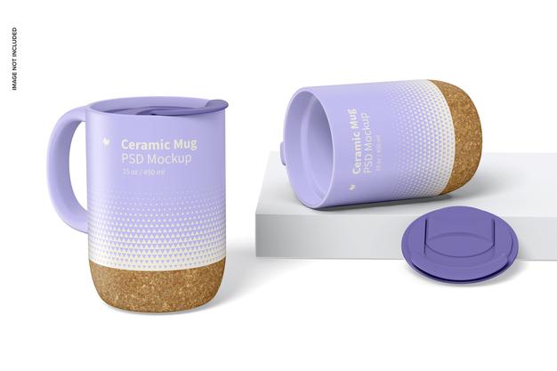 15 Oz Ceramic Mug With Lid Mockup Psd