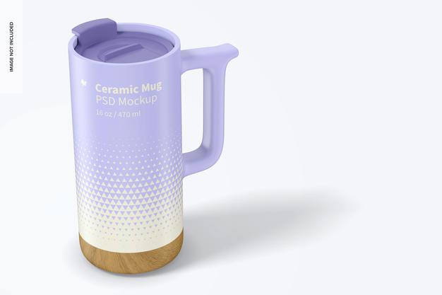 16 Oz Ceramic Mug With Wood Base Mockup Psd