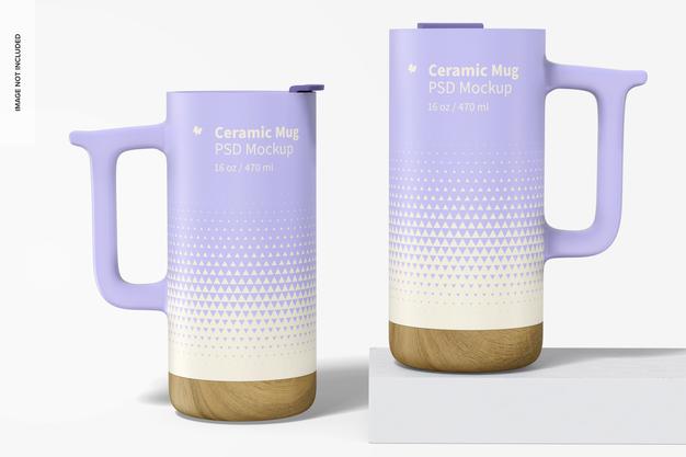 16 Oz Ceramic Mugs With Wood Base Mockup Psd
