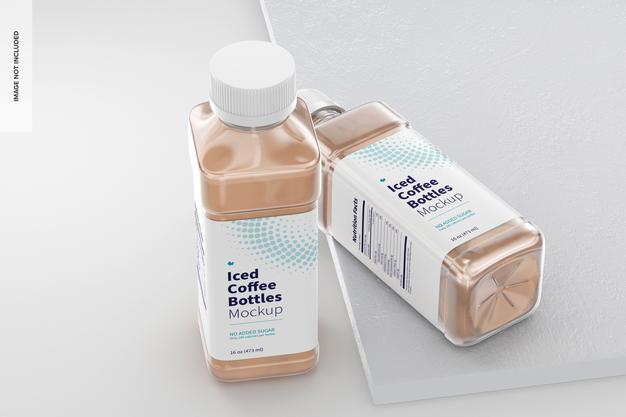 16 Oz Iced Coffee Bottles Mockup, Standing And Dropped Psd