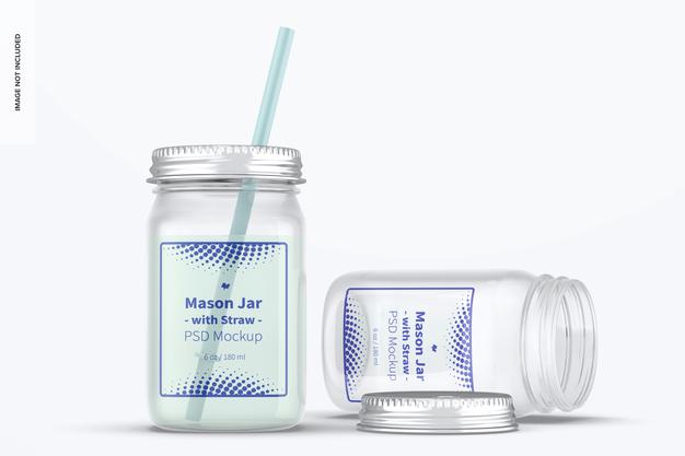 16 Oz Mason Jars With Straw Mockup Psd