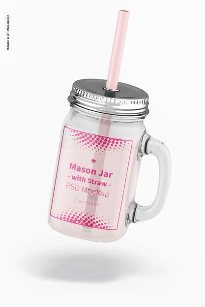 17 Oz Mason Jar With Straw Mockup, Floating Psd