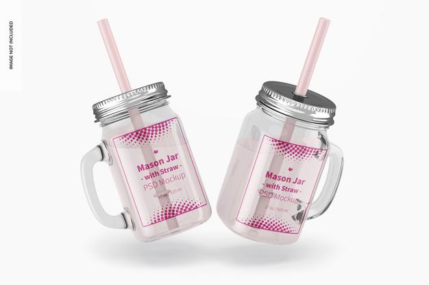 17 Oz Mason Jars With Straw Mockup, Falling Psd
