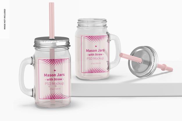 17 Oz Mason Jars With Straw Mockup Psd