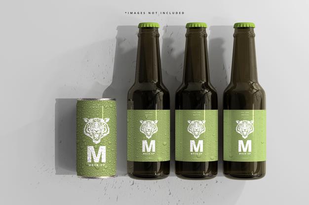 180Ml Mini Soda Or Beer Can And Bottle With Water Drops Mockups Psd