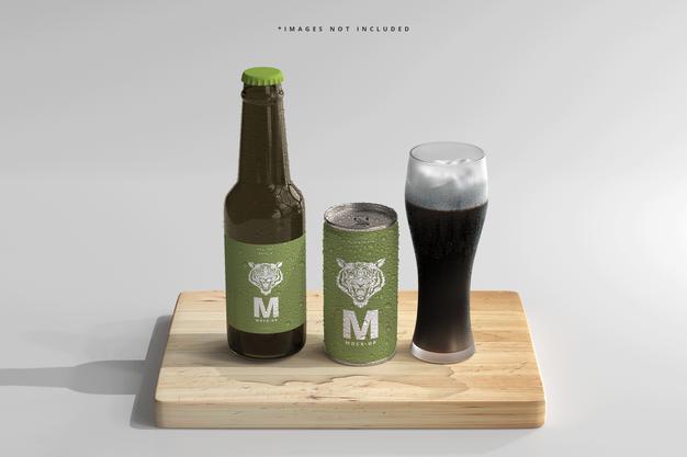 180Ml Mini Soda Or Beer Can And Bottle With Water Drops Mockups Psd