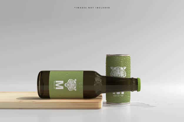 180Ml Mini Soda Or Beer Can And Bottle With Water Drops Mockups Psd