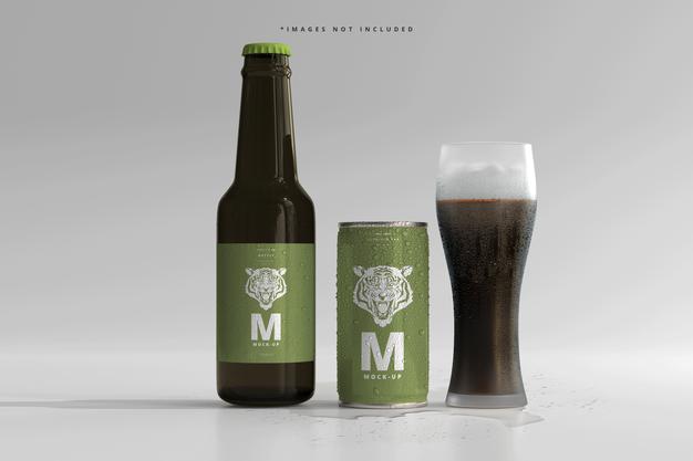 180Ml Mini Soda Or Beer Can And Bottle With Water Drops Mockups Psd