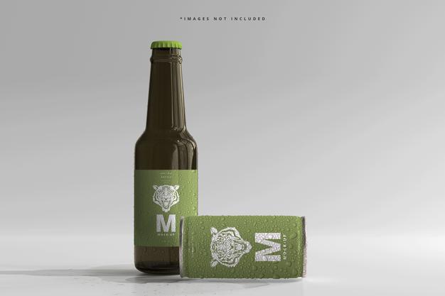 180Ml Mini Soda Or Beer Can And Bottle With Water Drops Mockups Psd
