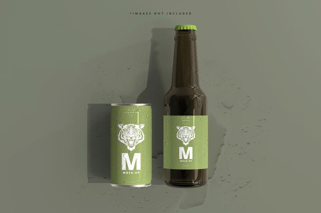 180Ml Mini Soda Or Beer Can And Bottle With Water Drops Mockups Psd