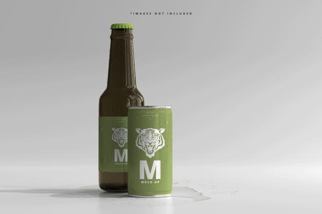 180Ml Mini Soda Or Beer Can And Bottle With Water Drops Mockups Psd