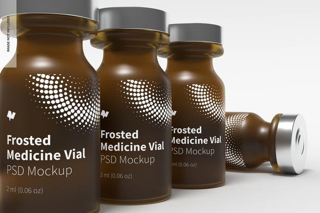 2 Ml Frosted Glass Medicine Vial Bottles Mockup, Close Up Psd