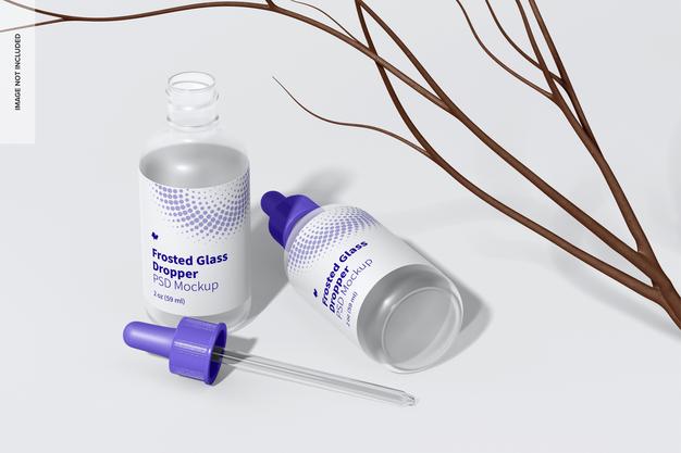 2 Oz Frosted Glass Dropper Mockup, Opened And Closed Psd