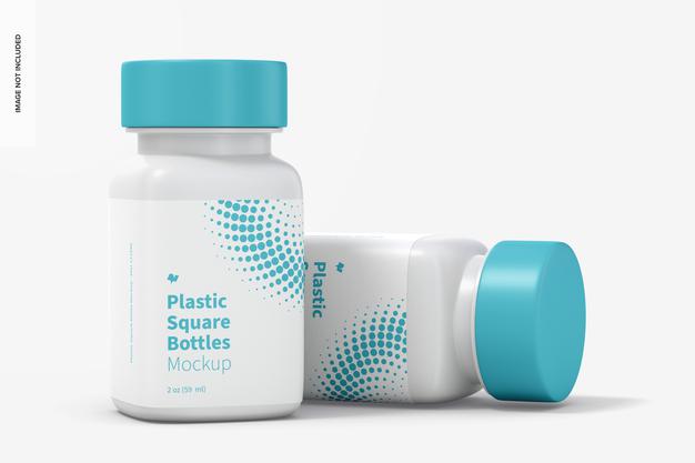 2 Oz Plastic Square Bottles Mockup, Dropped Psd