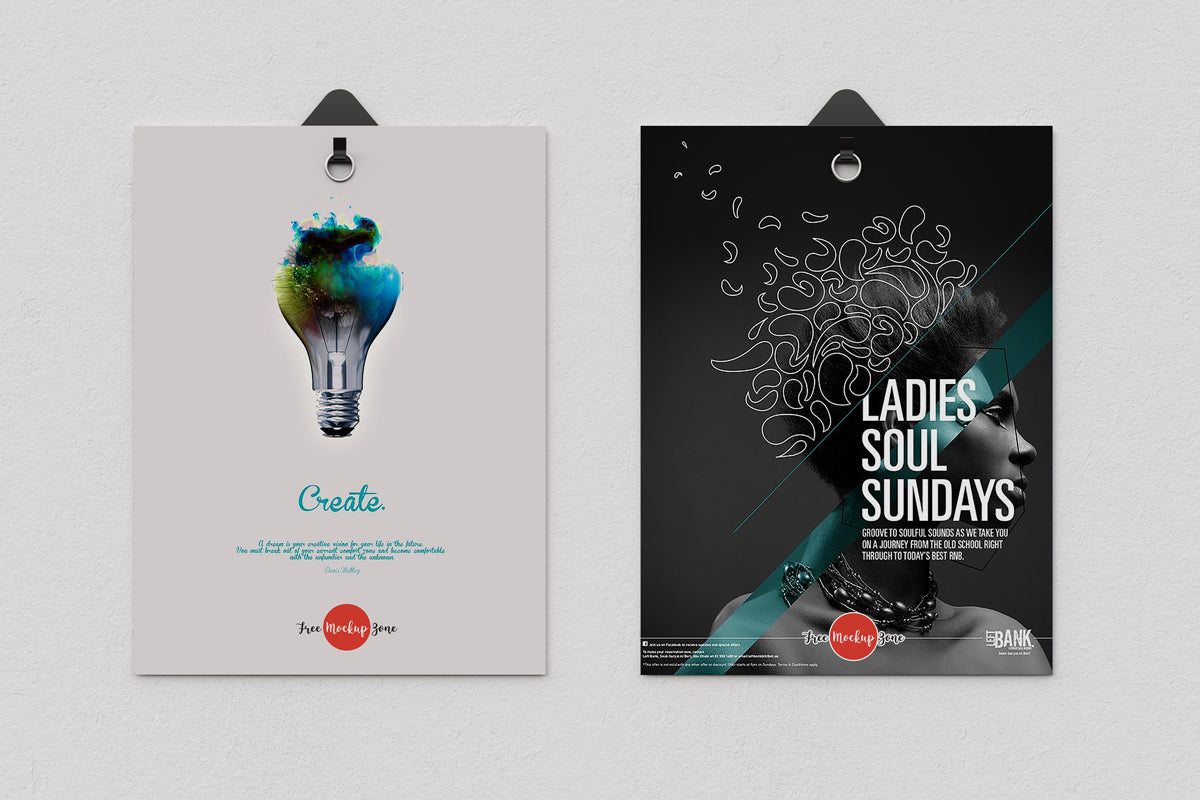 2 Poster Hanging With Clips Psd Mockup