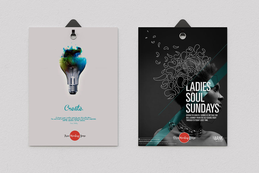 2 Poster Hanging With Clips Psd Mockup