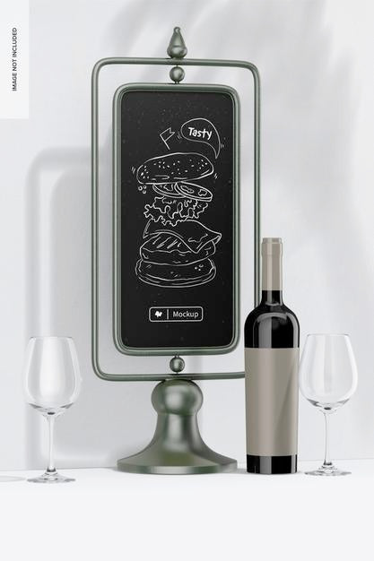 2 Sided Chalkboard On Stand With Wine Mockup Psd