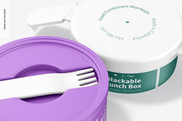 2-Tier Stackable Lunch Box Mockup, Close Up Psd