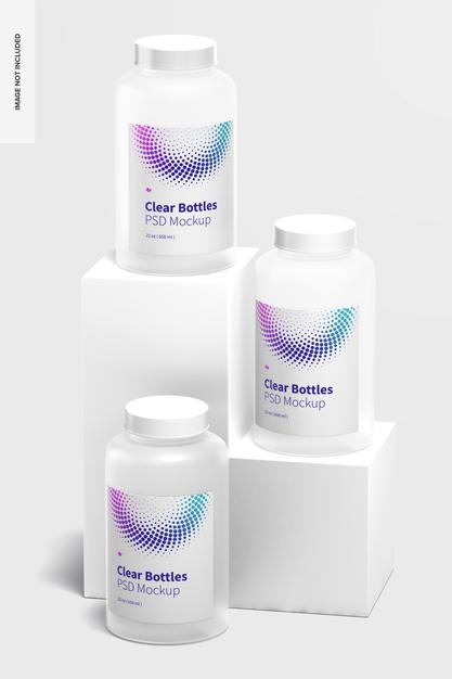 22 Oz Clear Bottles Mockup, Front View Psd