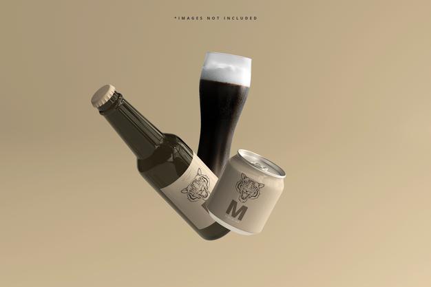 250Ml Stubby Soda Or Beer Can And Bottle Mockup Psd