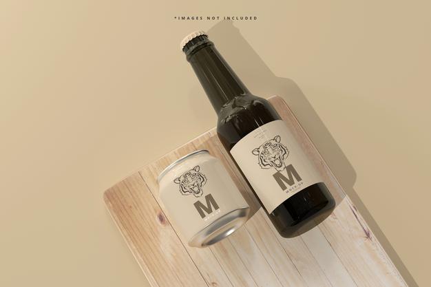 250Ml Stubby Soda Or Beer Can And Bottle Mockup Psd