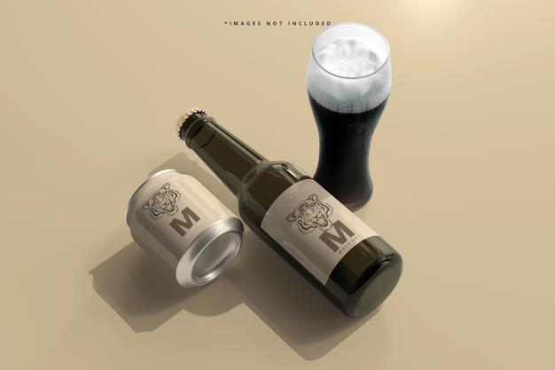 250Ml Stubby Soda Or Beer Can And Bottle Mockup Psd