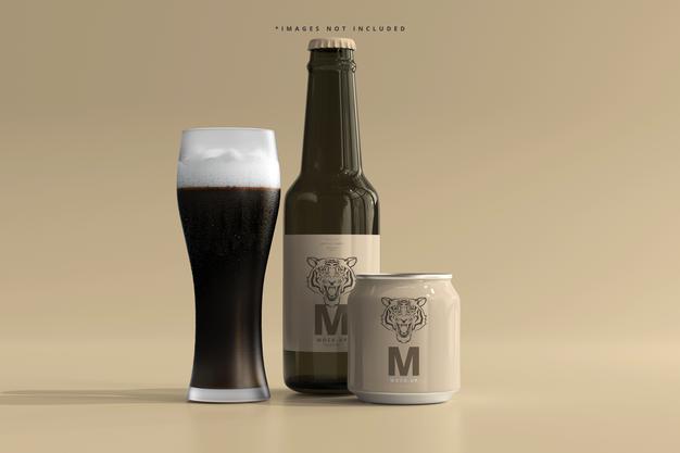 250Ml Stubby Soda Or Beer Can And Bottle Mockup Psd