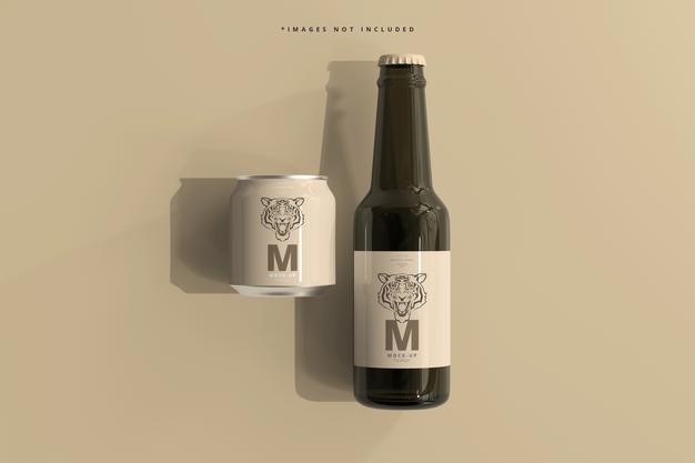 250Ml Stubby Soda Or Beer Can And Bottle Mockup Psd