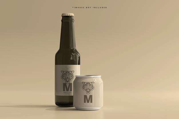 250Ml Stubby Soda Or Beer Can And Bottle Mockup Psd