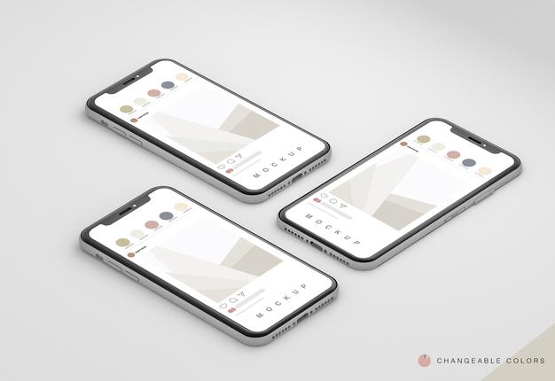 3 Isometric Minimal 3D Phones With Rrss Interface Mockup Psd