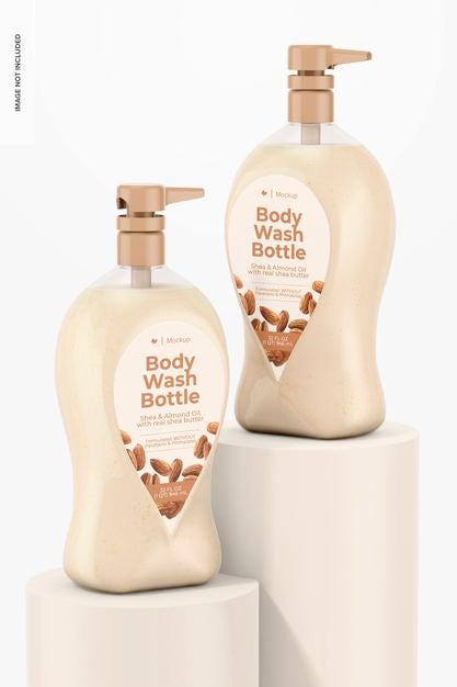 32 Oz Body Wash Bottles Mockup, On Surfaces Psd