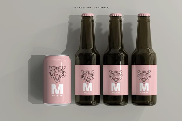 330Ml Medium Size Soda Or Beer Can And Bottle Mockup Psd