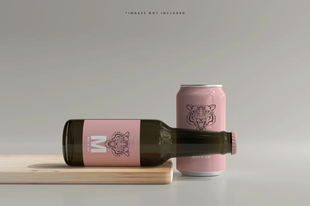 330Ml Medium Size Soda Or Beer Can And Bottle Mockup Psd