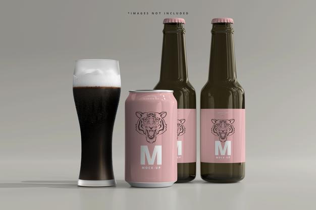 330Ml Medium Size Soda Or Beer Can And Bottle Mockup Psd